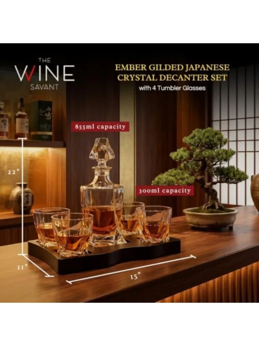 Elegant Japanese Crystal Whisky Decanter Set with 4 Tumbler Glasses - Lead-Free